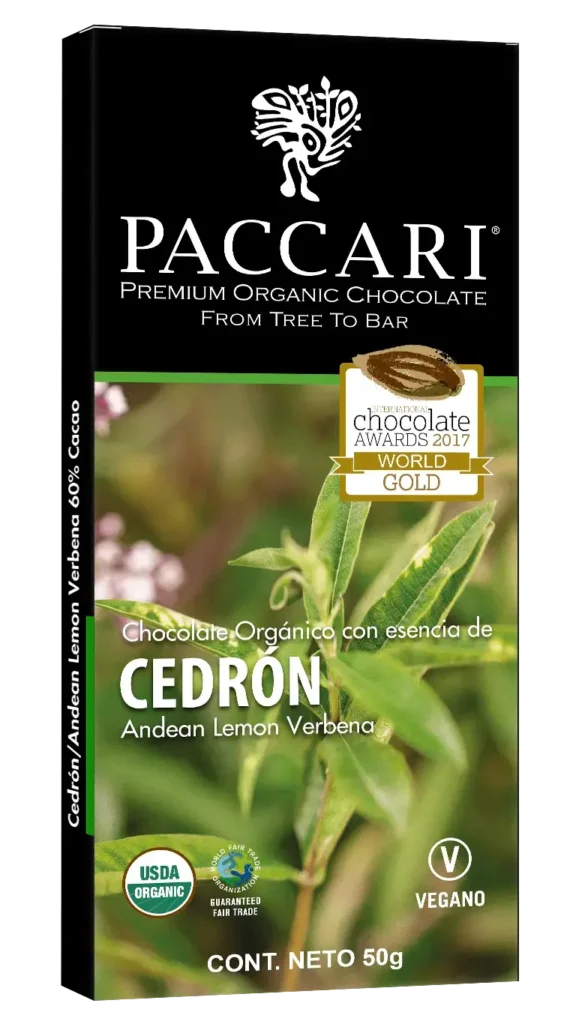 Chocolate con cedrón Paccari: barra de chocolate oscuro con hojas de cedrón (Andean lemon verbena)