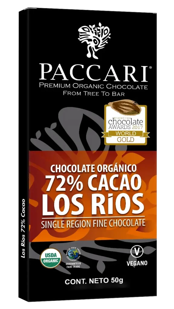 Barra de chocolate oscuro LOS RÍOS 72% de origen único con notas florales Paccari