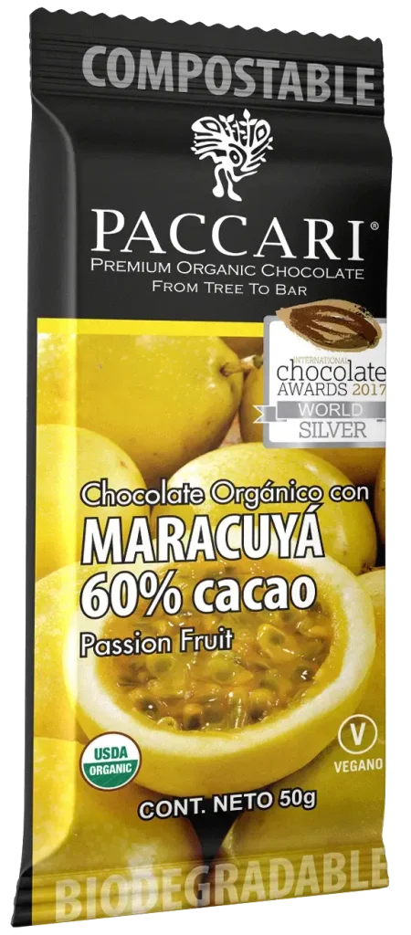 Barra de chocolate oscuro con maracuyá Paccari (sabor cítrico tropical)