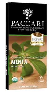 Chocolate con menta Paccari: barra de chocolate oscuro con menta natural, fresca y aromática