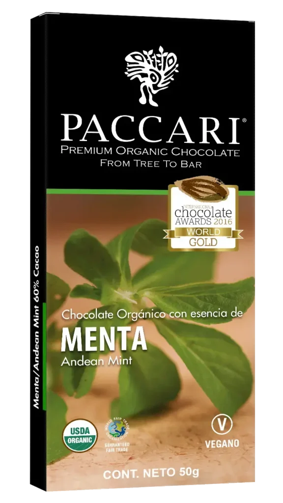 Chocolate con menta Paccari: barra de chocolate oscuro con menta natural, fresca y aromática