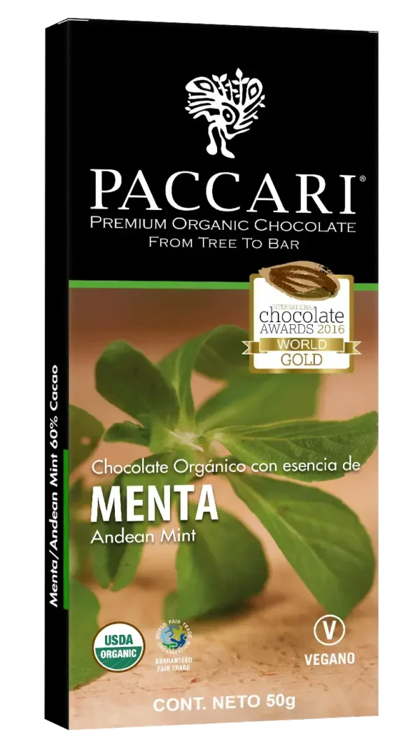 Chocolate con menta Paccari: barra de chocolate oscuro con menta natural, fresca y aromática