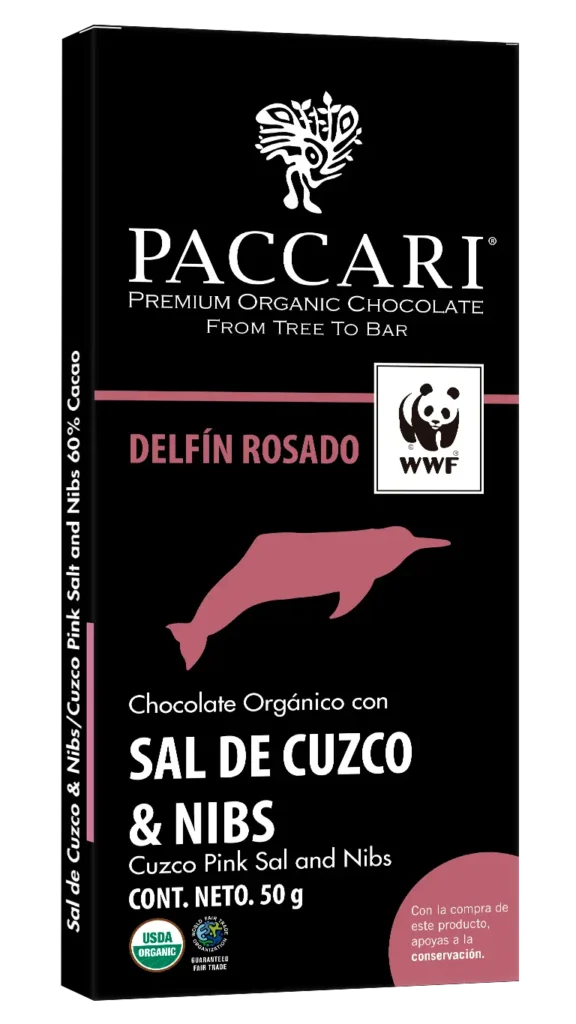 Barra Sal de Cuzco y Nibs WWF: chocolate oscuro dulce-salado con nibs crujientes Paccari