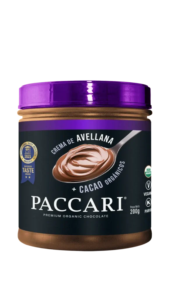 Crema de avellanas y cacao orgánicos Paccari 200g: untable cremoso sin aceite de palma