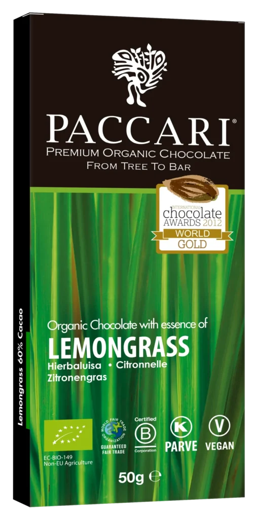 Chocolate con hierbaluisa Paccari: barra de chocolate oscuro con esencia de hierbaluisa (lemongrass)