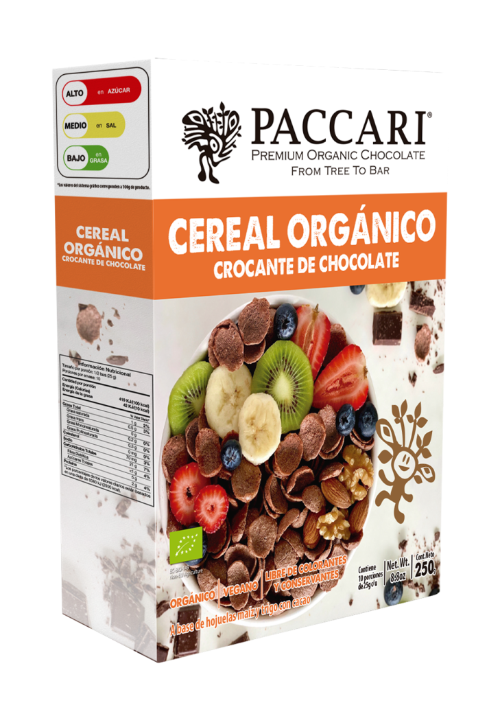 cereal crocante orgánico de chocolate Paccari hojuelas tostadas cubiertas con cacao orgánico 500g en Ecuador